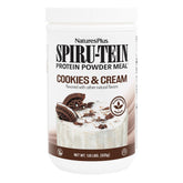 NaturesPlus SPIRU-TEIN Cookies & Cream en envase, proteína vegetal premium para desayunos.