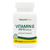 NaturesPlus Vitamina E 400 UI en botella de cápsulas para absorción óptima.