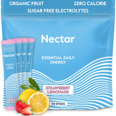 Nectar Energy Booster: paquete frente, sabor fresa limón, energía sostenida.