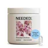 Needed Prenatal Colina+, botella líquida, muestra la dosis para desarrollo cerebral del bebé.