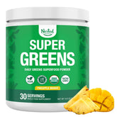 Polvo orgánico de Nested Naturals Super Greens en bote para aporte diario de nutrientes.