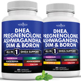 NEW AGE DHEA cápsulas en frasco, apoyo hormonal posible para ambos sexos.