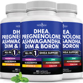Frasco de NEW AGE DHEA para uso diario y conveniencia.