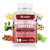 Newpie Blood Sugar Complex cápsulas sobre fondo blanco, apoyo diario para el equilibrio.