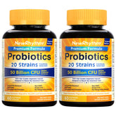 NewRhythm Probiotics, botella de 50 mil millones, posible apoyo digestivo diario sin refrigeración.