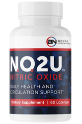 NO2U Bryan Nitriceuticals, botella frontal, apoyo diario al bienestar sin gluten ni lactosa