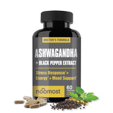 NooMost Ashwagandha cápsulas, botella: apoyo al estrés y claridad mental.