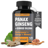 NooMost cápsulas ginseng rojo y ginkgo en embalaje, energía sostenida.