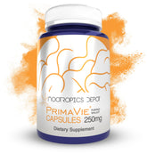 Nootropics Depot PrimaVie Shilajit, botella de cápsulas, apoyo a la vitalidad diaria.