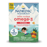 Botella de Nordic Omega-3 Fishies Tutti Frutti para apoyo cerebral infantil.