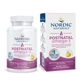 Nordic Naturals Postnatal Omega-3 cápsulas suaves limón, botella visible, posible apoyo al bienestar diario.