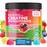 Gomitas novomins de creatina en envase, porciones diarias para entrenamiento.