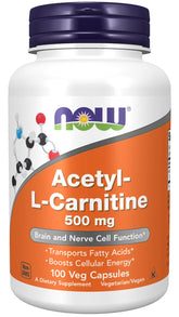 NOW Foods Acetil L-Carnitina 500 mg en botella, apoyo a la energía celular.