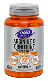 NOW Foods Arginina Ornitina, frente de la botella: apoyo al metabolismo de proteínas