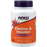 NOW Foods Colina e Inositol 500 mg, cápsulas en envase, apoyo metabólico y salud cerebral.