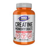 NOW Foods Creatina Monohidrato 750 mg, botella visible, potencia sesiones cortas de entrenamiento