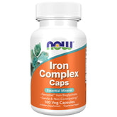 NOW Foods Hierro Complex cápsulas, vista frontal de la botella, apoya la absorción de hierro.