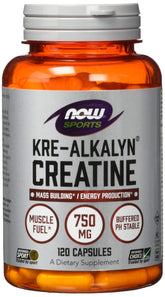 NOW Foods Kre-Alkalyn Creatine en frasco de cápsulas para uso diario y posible crecimiento muscular.