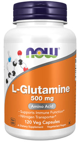NOW Foods L-Glutamina 500 mg en cápsulas, apoyo al balance de nitrógeno diario.