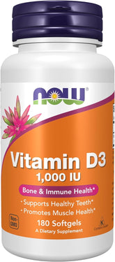 NOW Foods Vitamina D-3, cápsulas suaves en frasco, soporte óseo y salud dental