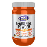 NOW Foods L-Arginina en polvo dentro del envase, posible apoyo al metabolismo de proteínas