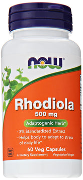 NOW Foods Rhodiola Rosea frasco frente: apoyo diario de energía.