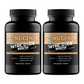 Nugenix Potenciador de Óxido Nítrico: botella vertiendo, posible apoyo al flujo sanguíneo durante el entrenamiento.