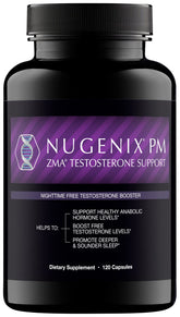 Nugenix PM ZMA, botella frontal, posible apoyo para un sueño reparador.