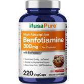 NusaPure benfotiamina 300 mg en cápsulas vegetales, fácil ingesta diaria.