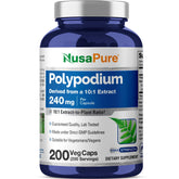 NusaPure cápsulas polypodium leucotomos, botella, apoyo para el cuidado diario de la piel.