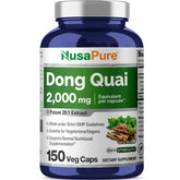 NusaPure Dong Quai cápsulas, frasco de 150 días, uso diario vegano.