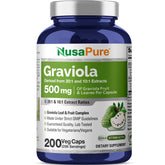 NusaPure Graviola en frasco: 500 mg por cápsula para uso diario vegano.