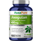 NusaPure Jiaogulan cápsulas en botella para uso diario conveniente.