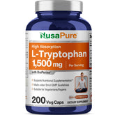 NusaPure L-triptófano cápsulas en frasco para uso diario y conveniencia.
