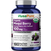 NusaPure Maqui cápsulas 100 mg, botella frontal, opción vegana y orgánica