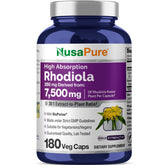 NusaPure Rhodiola Rosea en botella de cápsulas para concentración diaria.