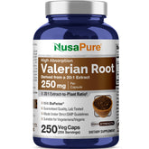 NusaPure Valeriana cápsulas 250 mg, raíz de valeriana, envase de 250 para uso diario.