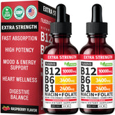 NUSAVA B12 Drops sabor frambuesa en frasco con etiqueta, apoyo de energía diaria.