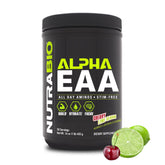 NutraBio Alpha EAA, bote vista frontal para recuperación diaria y fácil dosificación.