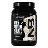NutraBio Whey Aislado en bote, proteína premium para recuperación muscular.