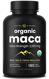 NutraChamps Maca Orgánica: cápsulas frente al envase para energía diaria posible