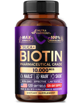 NutraHarmony Biotina 10000mcg cápsulas suaves para cabello, piel y uñas.