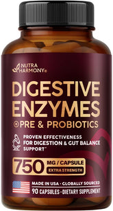 NUTRAHARMONY Digestive Enzymes, frasco de 90 cápsulas para apoyo digestivo diario.