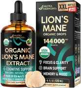 NutraHarmony Melena de León líquido en botella, dosis de 1200 mg para claridad mental.