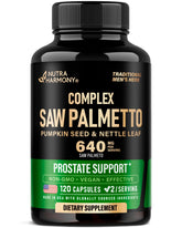 NutraHarmony Saw Palmetto: botella de cápsulas para apoyo potencial de la próstata.