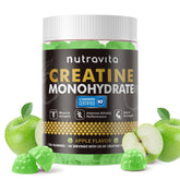 Nutravita creatina monohidrato gomitas, bote frontal, dosis diaria fácil para entrenar