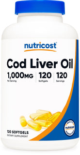 Nutricost aceite de hígado de bacalao, cápsula suave, fuente de EPA y DHA.