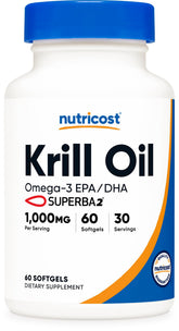 Nutricost Aceite de Krill 1000 mg en cápsulas suaves, botella lista para uso diario.