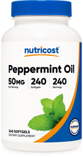 Nutricost Aceite de Menta en Cápsulas Blandas, frasco visible, fácil de incorporar en la rutina diaria.