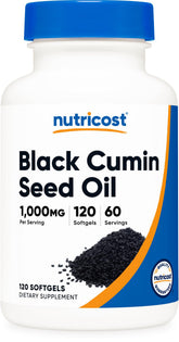 Nutricost Aceite de Semilla Negra, botella frente, aporta omegas para la dieta